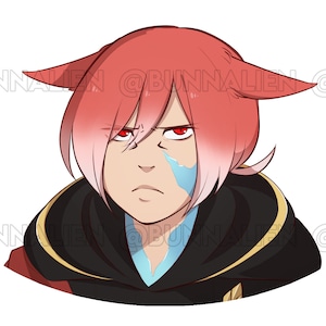 May include: A digital illustration of a person with red hair and cat ears. They are wearing a black hooded robe with a gold trim and a blue scarf. The person has a serious expression on their face.