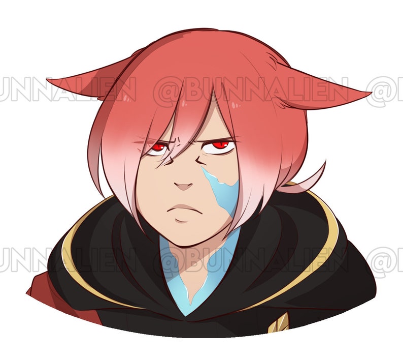 May include: A digital illustration of a person with red hair and cat ears. They are wearing a black hooded robe with a gold trim and a blue scarf. The person has a serious expression on their face.