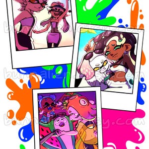 May include: Three polaroid-style photographs featuring animated characters in various settings, surrounded by vibrant, colorful paint splatters in shades of neon green, blue, orange, and pink against a stark white background.