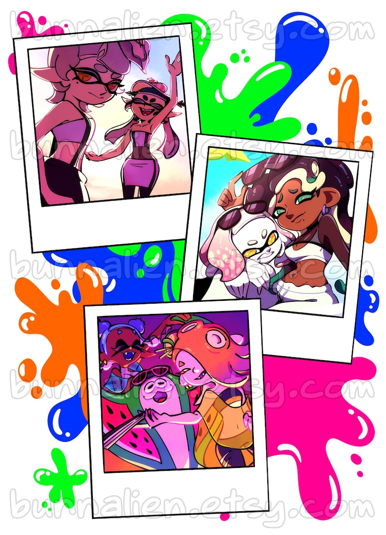 May include: Three polaroid-style photographs featuring animated characters in various settings, surrounded by vibrant, colorful paint splatters in shades of neon green, blue, orange, and pink against a stark white background.