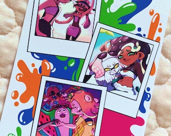 Puede incluir: Una impresión artística rectangular que presenta tres ilustraciones estilo polaroid de personajes animados con salpicaduras de tinta coloridas en verde, azul, naranja y rosa. La parte inferior muestra el texto bunnalien.etsy.com en blanco.