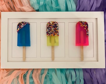 Resin Popsicles, Popsicle Trio, Sprinkle Art, Neon Color Wall Art, Resin Food Art, Popsicle Art, Resin Pop Art, Food Pop Art, Ice Cream Art