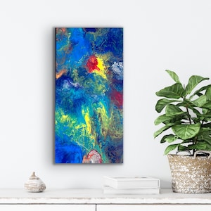 Splatter Blau, Gelb und Grün Pour Gemälde 10 x 20 Stretched Canvas Kunst