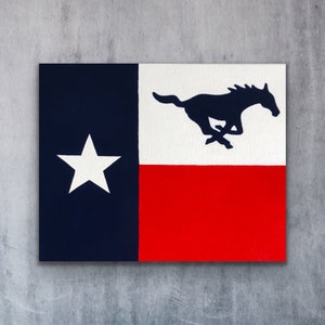 Pintura da bandeira do Texas Mustang da SMU, Pony Express, Metodista do Sul, Futebol Americano Universitário, Arte Peruna Original da Universidade Metodista do Sul,