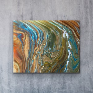 Puede incluir: Pintura abstracta con patrones en espiral en tonos de marr&oacute;n, azul, verde y blanco.