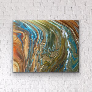 Puede incluir: Pintura abstracta con patrones en espiral en tonos de azul, verde, marr&oacute;n y blanco.