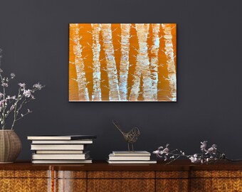 Orange Autumn Birch Tree Painting, Gallery Wall Art Set, Minimalist Nature Abstract, 9 x 11 Canvas Art, birch logs