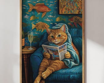 Impression d'art surréaliste chat roux : décoration murale maximaliste amusante (téléchargement numérique)