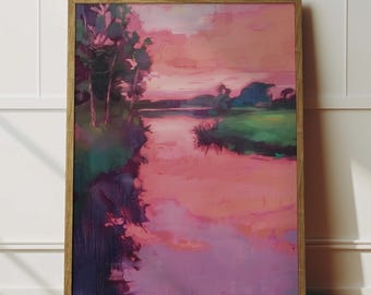 Impression de peinture à l'huile sur la rivière Sunset : oeuvre d'art murale estivale (téléchargement numérique)