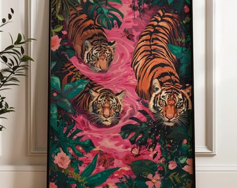 Impression jungle tigre : affiche d'animal botanique rose (téléchargement numérique