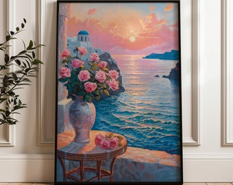 Impression de peinture à l'huile coucher de soleil de Santorin : art mural floral d'été (téléchargement numérique