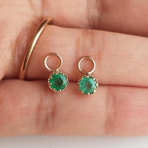 Pair Natural Emerald Charm Earring/14k solid gold/4mm Zambian emerald /Dainty handmade gold charm/Bezel setting/May birthstone/Gift For Her
