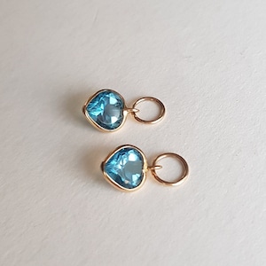 Pair 18k solid gold Swiss blue topaz huggie hoop earring charm/Casual wear handmade topaz charms for earring/Bezel setting/Gift for her