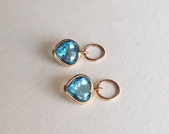 18k solid gold pair Swiss blue topaz huggie hoop earring charm/Casual wear handmade topaz charms for earring/Bezel setting/Gift for her