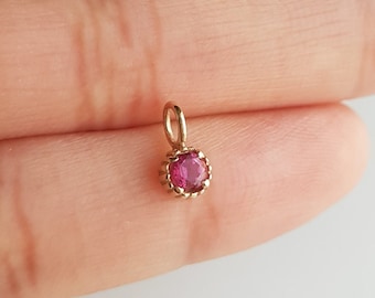Pink tourmaline 14k solid gold pendant/3mm extremely small handmade tourmaline gold charm/Bezel setting/October birthstone/Gift for her