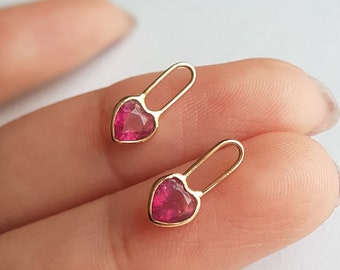 18k solid gold pair Ruby hoop earrings charm/Casual wear handmade dainty ruby charms for earrings/Bezel setting/Gift for her