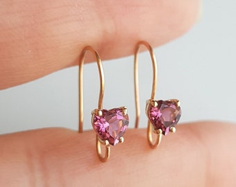 Pink tourmaline 14k solid gold earring/Natural tourmaline minimal dangle earring/Dainty Handmade tourmaline gold earring/Made for gifting