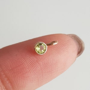 Peridot charm/18k solid gold/Round 3mm SMALL natural peridot/Lightweight Dainty handmade gold pendant/August birthstone charm/Gift for her