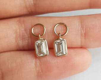 Pair 18k solid gold emerald cut moissanite charm/Casual wear handmade moissanite earring charms/Bezel setting/April birthstone/Gift for her