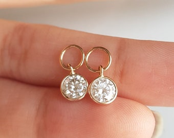 18k solid gold pair round moissanite charm/Casual wear handmade small moissanite earring charms/Bezel setting/April birthstone/Gift for her