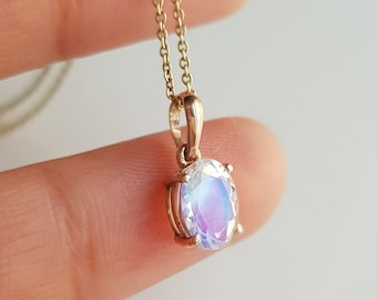 AA Rainbow moonstone 14k solid rose gold pendant/Minimal rainbow moonstone handmade pendant/Anniversary pendant/June birthstone/Gift for her