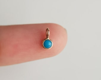 Turquoise charm/18k solid gold/Round 3mm SMALL natural turquoise/Lightweight dainty handmade gold pendant/December birthstone/Gift for her