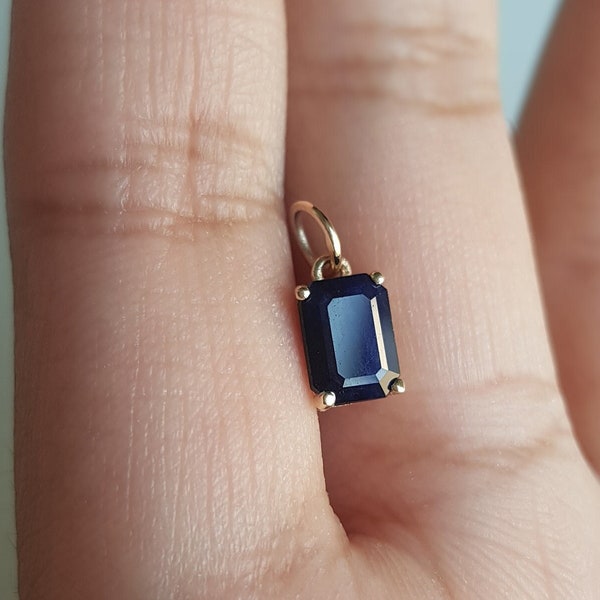 Blue sapphire/14k gold charm/Sapphire emerald cut pendant/Charm for bracelet and earring/Daily wear charm/September birthstone/Gift for her