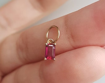 14k solid gold/Ruby charm pendant/Emerald cut ruby charm/Minimal handmade gold pendant/July birthstone/Anniversary charm gift/Gift for her
