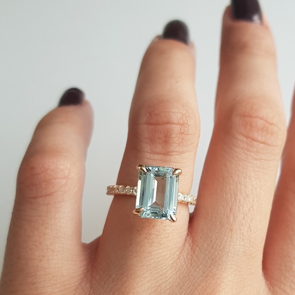AAA+ Aquamarine Ring/14K Solid Rose Gold Moissanite Diamond Ring/Solitaire Ring For Women/Engagement Ring/March Birthstone Ring/Gift For Her