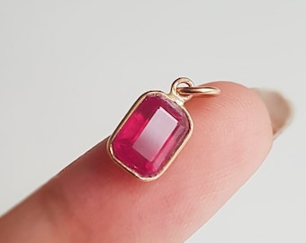 18k solid gold/Ruby charm pendant/Emerald cut ruby charm/Minimal handmade gold pendant/July birthstone/Anniversary charm gift/Gift for her