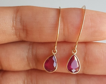 Ruby 18k solid gold dangle earring/Ruby minimal handmade gold earrings/Engagement gift/July birthstone charm/Made for gifting/Gift for her