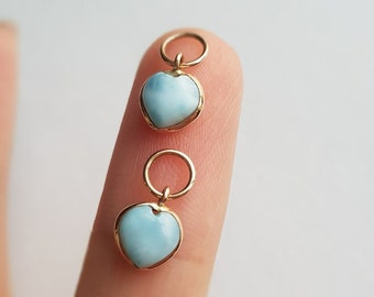 18k solid gold pair Larimar huggie hoop earring charm/Casual wear handmade larimar charms for earring/Bezel setting/Gift for her