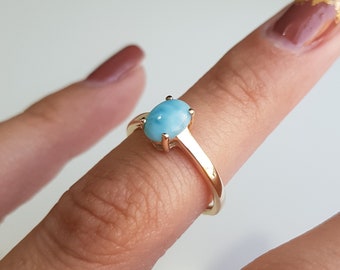 Natural Larimar 14K Solid Gold Ring/7x5mm Oval Cubochon Larimar Ring/Solitaire Engagement Ring For Women/Minimalistic Ring/Gift For Her
