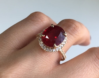 Rubin Ring / 14K Moissanit Diamant Ring / 10 x 12 mm Edelstein / Solitär Ring für Frauen / Juli Geburtsstein / Geschenk für Sie