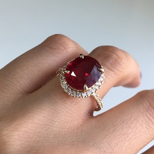 Ruby Ring/14K Solid Gold Moissanite Diamond Ring/10x12mm Oval Cut Gemstone/Wedding Solitaire Ring For Women/July Birthstone/Gift For Her