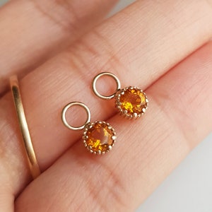 Pair Citrine Charm Earring/14k solid gold/4mm citrine charm/Dainty handmade gold charm/Bezel setting/November birthstone/Made for gifting