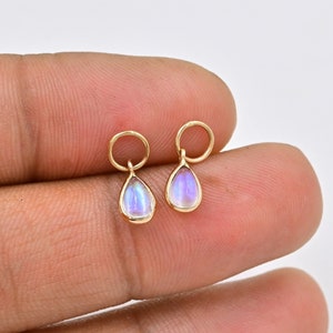 Pair Natural Rainbow Moonstone Earring Charm/18k Solid Gold/Huggie Hoop Earring Charm/June Birthstone/Handmade Bezel Setting/Gift For Her