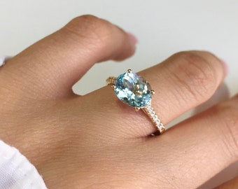 AAA+ Aquamarine Ring/14K Solid Gold Moissanite Diamond Ring/Solitaire Ring For Women/Engagement Ring/March Birthstone Ring/Gift For Her