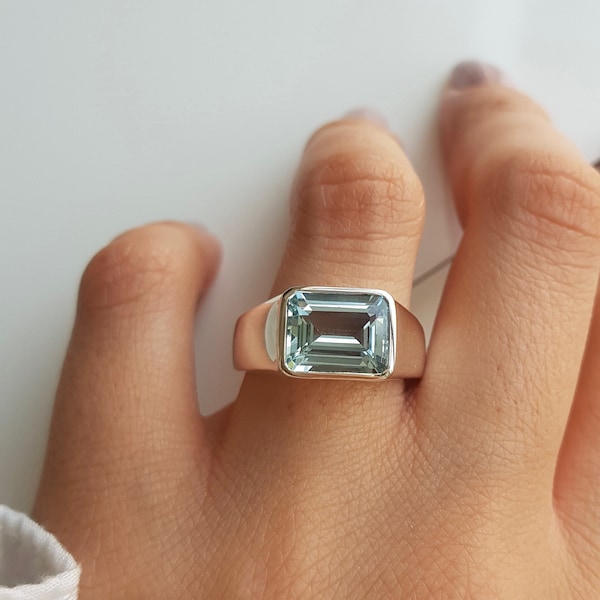Unisex AA Aquamarine 14K Solid Gold Ring/Heavy Ring For Men & Women/Emerald Cut Aquamarine Solitaire Ring/March Birthstone Ring/Gifting ring