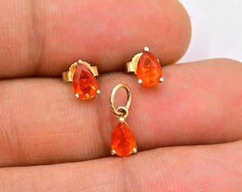 Smyckeset med naturlig mexikansk eldopal/6 x 4 mm päronformad opal i 14k massivt guld med örhänge/Födelsesten för oktober/Jubileumspresent/Present till henne