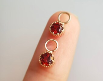 Pair Garnet Charm Earring/14k solid gold/4mm garnet charm/Dainty handmade gold charm/Bezel setting/January birthstone/Gift For Her