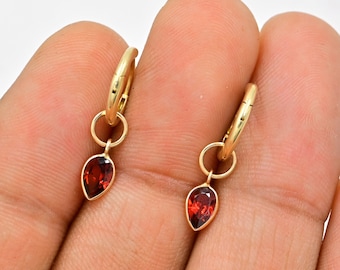 Paar granaat 18k massief gouden oorbel/6 x 4 mm peer natuurlijke granaatoorbel bedel/huggie ringbedel/geboortesteen januari/bezel bedel/cadeau voor haar
