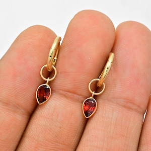 Pair Garnet 18k Solid Gold Earring/6x4mm Pear Natural Garnet Earring Charm/Huggie Hoop Charm/January Birthstone/Bezel Charm/Gift For Her