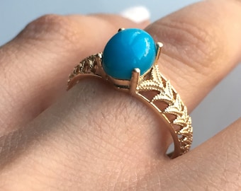 Natural Turquoise 14K Solid Gold Ring/Solitaire Ring For Women/Anniversary Ring/December Birthstone Ring/Gift For her