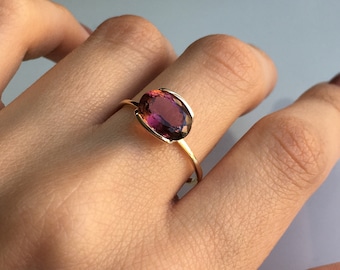 Natural Pink Tourmaline 14K Solid Gold Ring/Solitaire Anniversary Ring For Women/Minimalistic Style/October Birthstone Ring/Gift For her