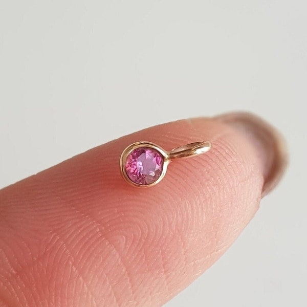 Pink tourmaline charm/18k solid gold/Round 3mm SMALL natural tourmaline /Dainty handmade gold pendant/October birthstone charm/Gift for her