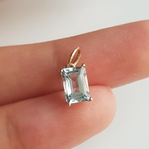 Natural aquamarine 14k solid gold charm/Emerald cut aquamarine charm/Minimal casual wear handmade gold charm/March birthstone/Gift for her