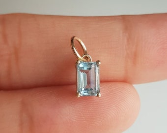 Natural aquamarine 14k solid gold charm/Baguette aquamarine charm/Minimal casual wear handmade gold charm/March birthstone/Gift for her