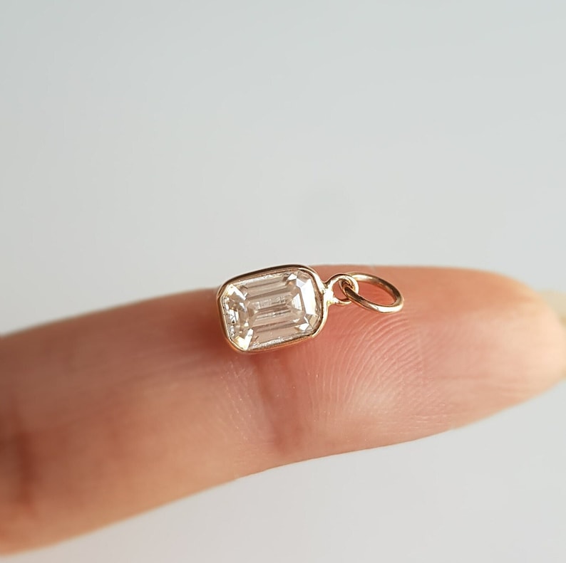 18k solid gold/Emerald cut moissanite charm/Casual wear handmade moissanite gold charm pendant/Bezel setting/April birthstone/Gift for her image 1