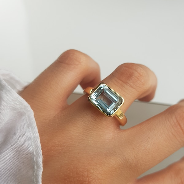 Natural Aquamarine 14K Solid Gold Ring/Engagement Ring For Women/Emerald Cut Aquamarine Solitaire Ring/March Birthstone Ring/Gift For Her